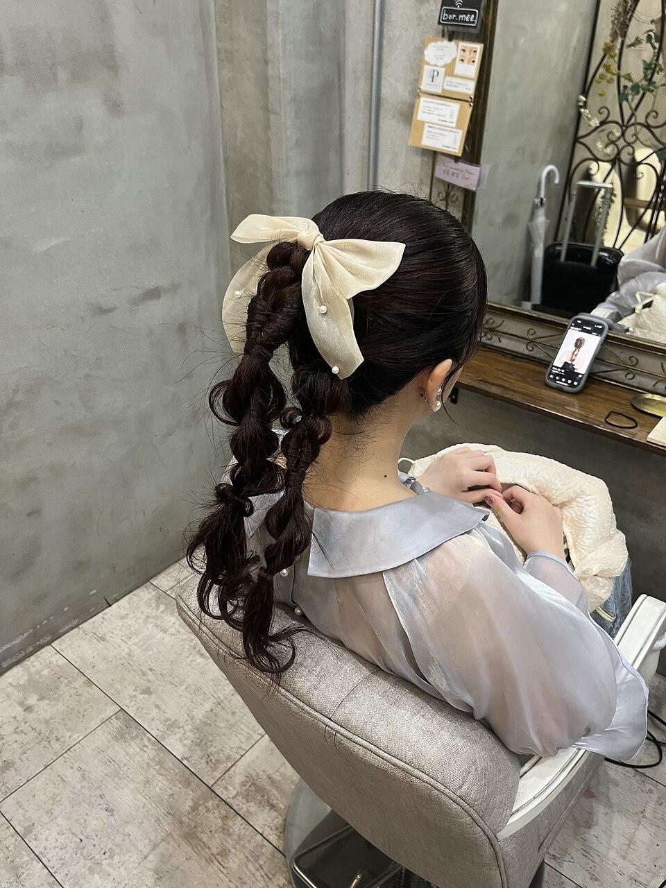 ロングサイズのリボン式梨花巻きポニーテール