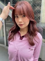 顔まわりカットレイヤーカットチェリーピンクブラウン暖色カラー