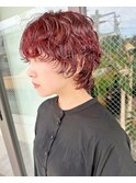 ブリーチパーマボルドーレッドカラーマッシュショートパーマ