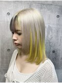 ミディアム ホワイトベージュ×インナーカラーイエロー 髪質改善