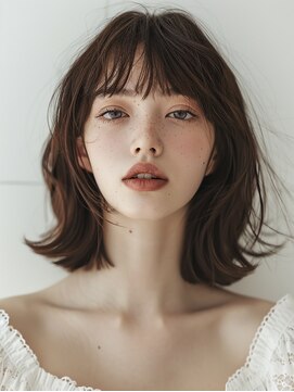 レヴ 草加店(LEV.) ふんわりミディアム アッシュカラー シースルーバング 大人ボブ