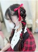 推し活 ライブ 量産型 三つ編みツインテール×リボン×パール