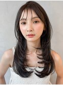 前髪ダークブルーシースルーバングモテ髪ワンホンレイヤー