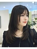 ロングレイヤー/グレージュ/シースルーバング/20.30代人気