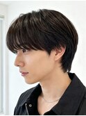 センター分けニュアンスパーママレットヘアアップバングマンバン