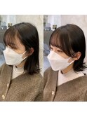 小顔前髪カット、サイドバング、フェミニン、ミディアムヘア