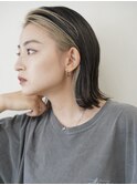 前髪インナーカラーボブ黒髪ダブルカラーミルクティーベージュ
