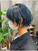 アッシュ、ブルー、ネイビー、ボブウルフ、ウルフカット