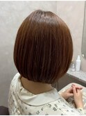 丸みショート ぱっつんボブ オレンジブラウン 髪質改善カラー