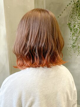 テトヘアー(teto hair) 毛先ブリーチオレンジカラーブラウンカラー切りっぱなしボブ