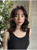 小顔ミディアムパーマボブルフワンレンネビージュボブパーマ黒髪