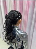 リボンヘア　ローポニー　編み込み