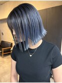 バレイヤージュ、ブルー、ハイライト、ボブ、ケアブリーチ