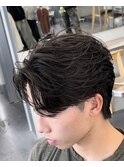 渋谷フェザーパーマメンズマッシュウルフセンターパートカット