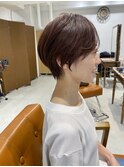 丸み小顔ショートボブピンクベージュ白髪染めショートカット