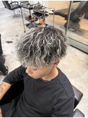 メンズパーマホワイトメッシュ波巻きツイスパマッシュ