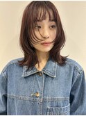 ミディアム外ハネボブレイヤーカットレッドボルドーカラー暖色
