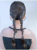 結婚式お呼ばれドレスへア編み込みポニーテールアップスタイル
