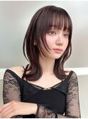 シャギーレイヤーロング韓国ワンホンヘアシースルーぱっつん前髪