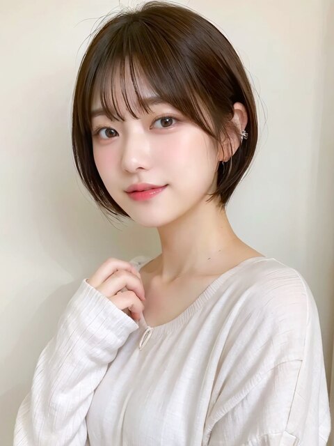 大人っぽ丸みショートボブ 前髪あり くびレイヤー 春ヘアカラー