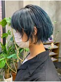 アッシュ、ブルー、ネイビー、ボブウルフ、ウルフカット