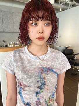 ヘアーズルネッタアベノ(HAIR'S Lunetta abeno) 顔まわりレイヤーボブパーマ×ボルドーカラー