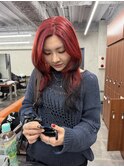 ダブルカラーチェリーレッドピンクブラウン韓国レイヤーロング