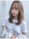 重山】アッシュブラウン厚めバング毛先パーマワンカールセミディ
