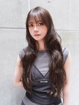 ロンググレージュ暗めカラー韓国ヘア顔周りレイヤー_F1098