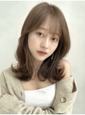 韓国風/鎖骨ミディくびれヘア/アッシュベージュ/前髪カット