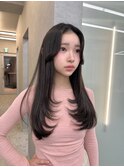 博多/韓国ヘア/カットカラー/センター分け/黒髪/レイヤーカット