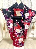振袖一式 ラメ黒地に花