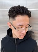 極道パーマホワイトメッシュオールバックパーマフェード短髪