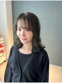 ミディアムパーマ/おくれげパーマ/カーキベージュ/前髪パーマ