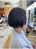 大人可愛い20304050代黒髪ショートボブ 前髪なし 前下がり　