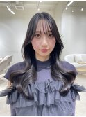 小顔薄めバンググレージュレイヤーロング前髪パーマ黒髪