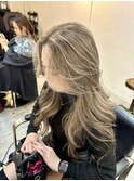 前髪ハイライトカラーこなれミディイメチェンウェーブパーマ