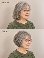 aptas 青山/表参道 白髪染め/白髪ぼかしハイライト/ボリュームアップエクステ 60代の大人白髪ボブ|表参道・青山
