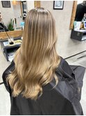 バレイヤージュ、ハイライト、レイヤーロング、グレーベージュ