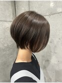 オリーブグレージュ、丸みショートボブ、レイヤーボブ【布施】