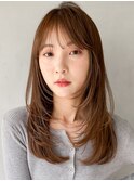 前髪大人可愛い艶感うるツヤチェリーブラウン斜めバング美髪