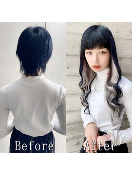 エクステ専門店あるじゃんすー 宇都宮店 ブルーブラック×ホワイト#シールエクステ#韓国風レイヤー