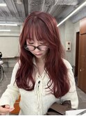 ダブルカラーチェリーレッドピンクブラウン韓国レイヤーロング