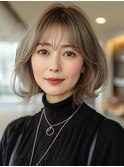 デザインカラーレイヤーカットウェットヘアオリーブベージュ白髪