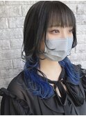 ブルーインナーカラーセミロングウルフ