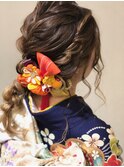 成人式　リハ　ヘアセット　編みおろし　着付　グラデーション