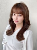 20代30代/小顔レイヤー/ワンホンレイヤー/ピンクベージュ/前髪