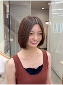 ボブ/オリーブブラウン/ブリーチ無し/艶カラー
