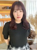 ワインレッド × ウェーブ巻き