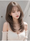 ヘーゼルベージュレイヤーカットシースルーバング